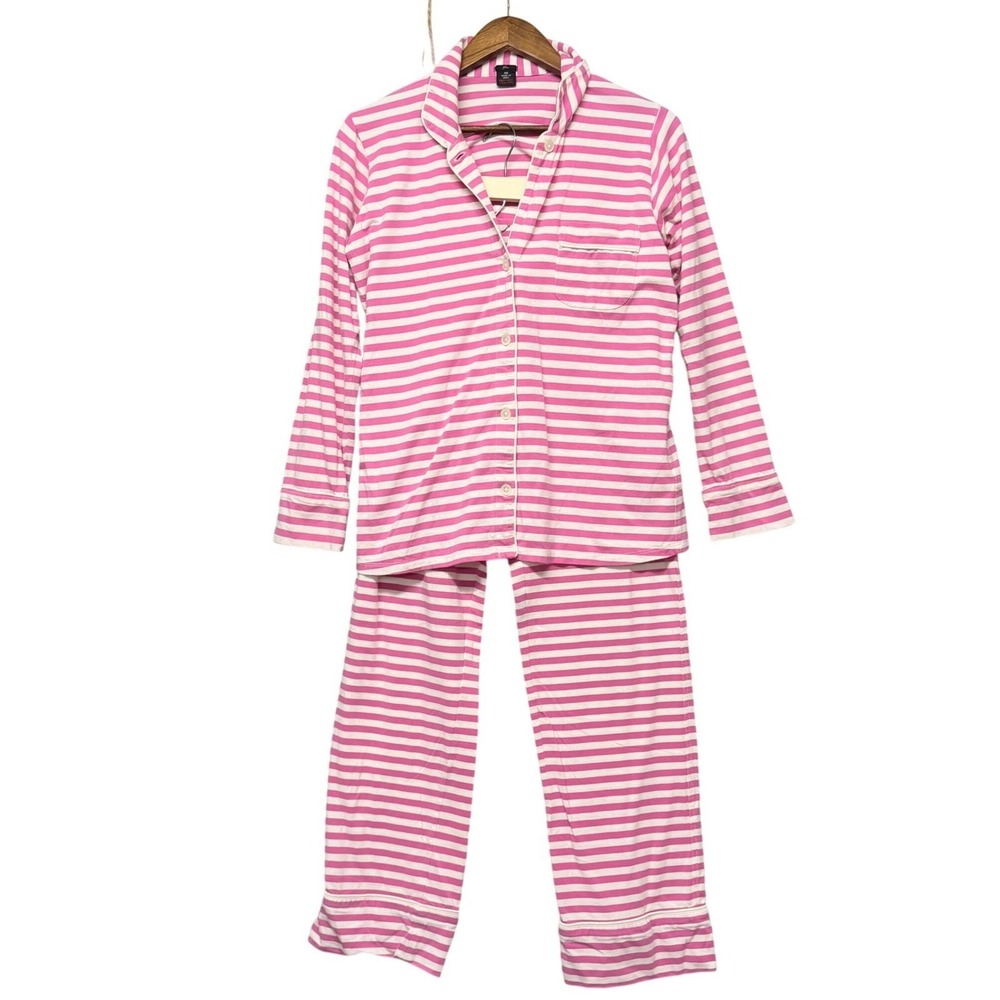 J.Crew Pajama Set Women‎ Sz XS Pink White Striped Long Sleeve Button Up Stretchy